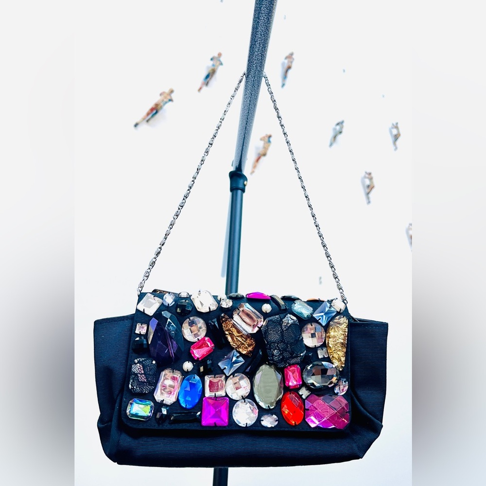 Gorgeous and Sparkly Embellished Gemstone Small Black Handbag - Like New